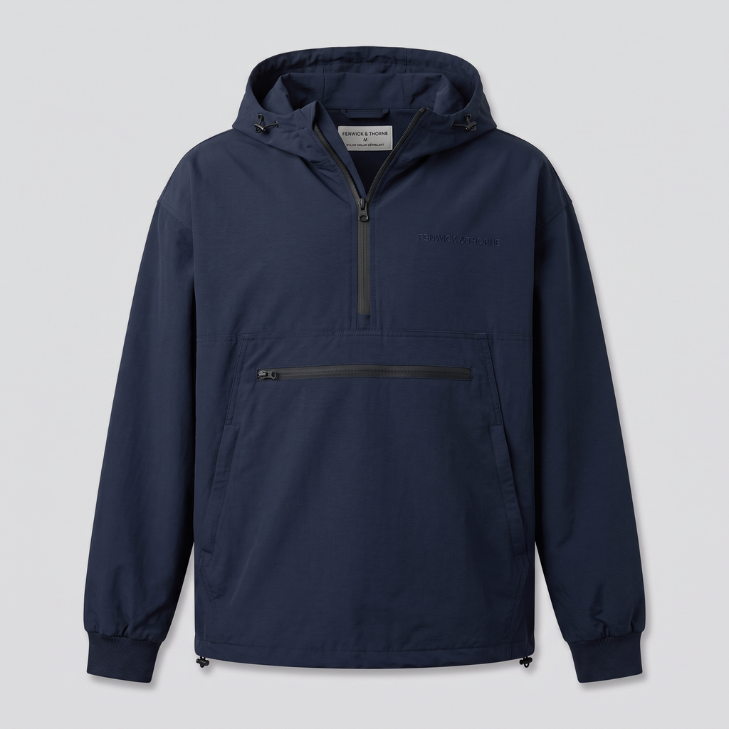 Anorak enfilable demi-zip, bleu nuit, vue de face — FENWICK & THORNE
