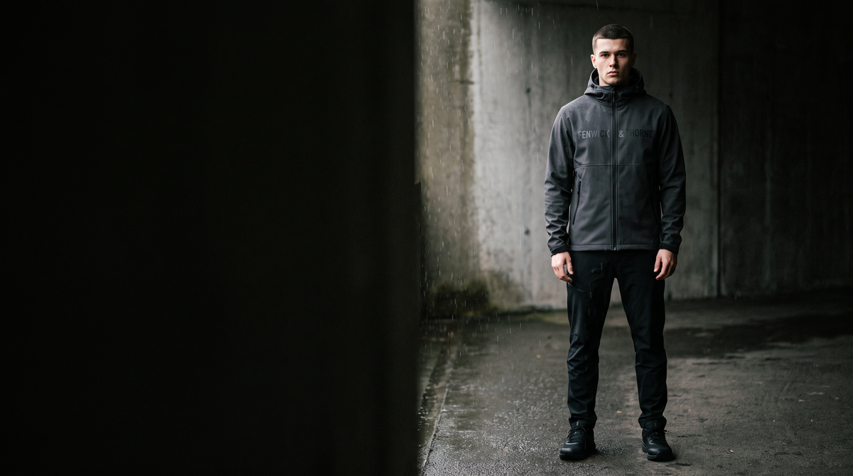 FENWICK & THORNE — veste softshell anthracite, de nuit sous la bruine