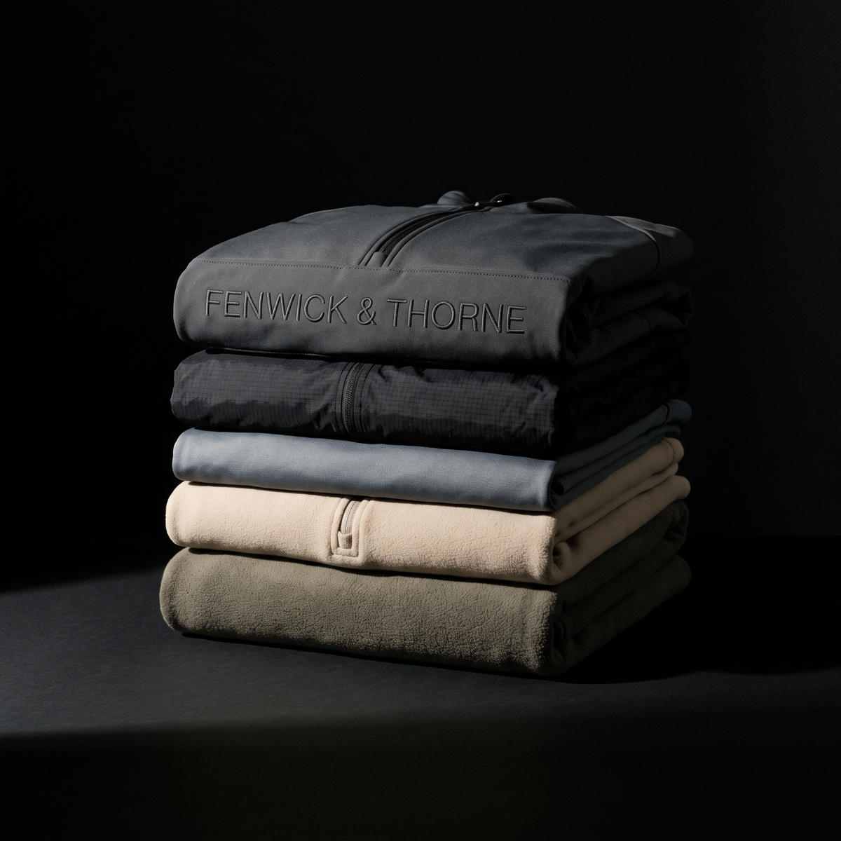 FENWICK & THORNE — pile de polaires, coupe-vent et softshell pliés, marque brodée ton sur ton