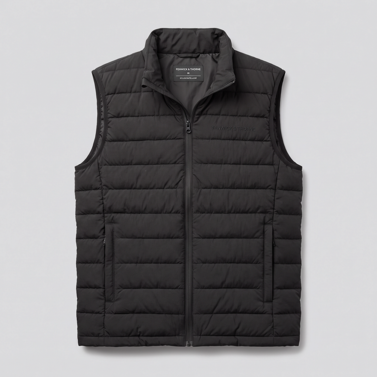 Gilet matelassé léger, noir, vue de face — FENWICK & THORNE