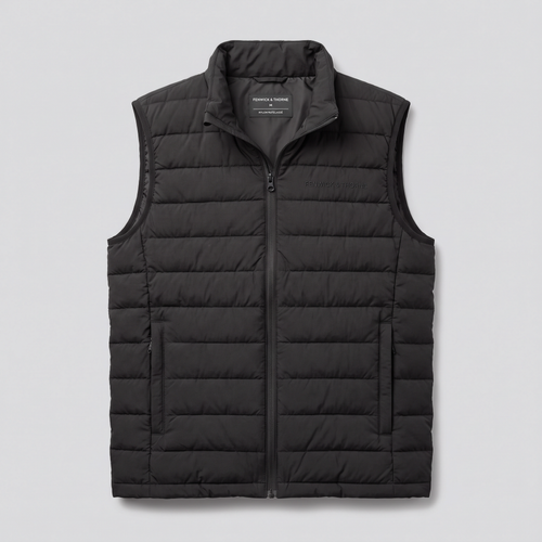 Gilet matelassé léger, noir, vue de face — FENWICK & THORNE