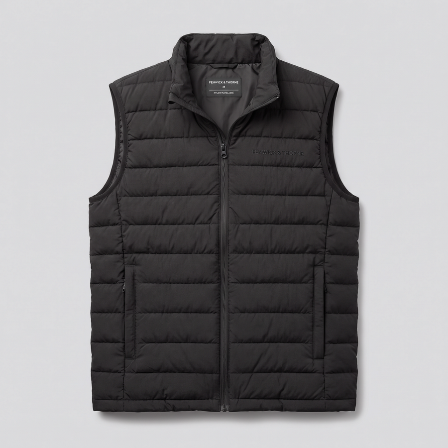 Gilet matelassé léger, noir, vue de face — FENWICK & THORNE