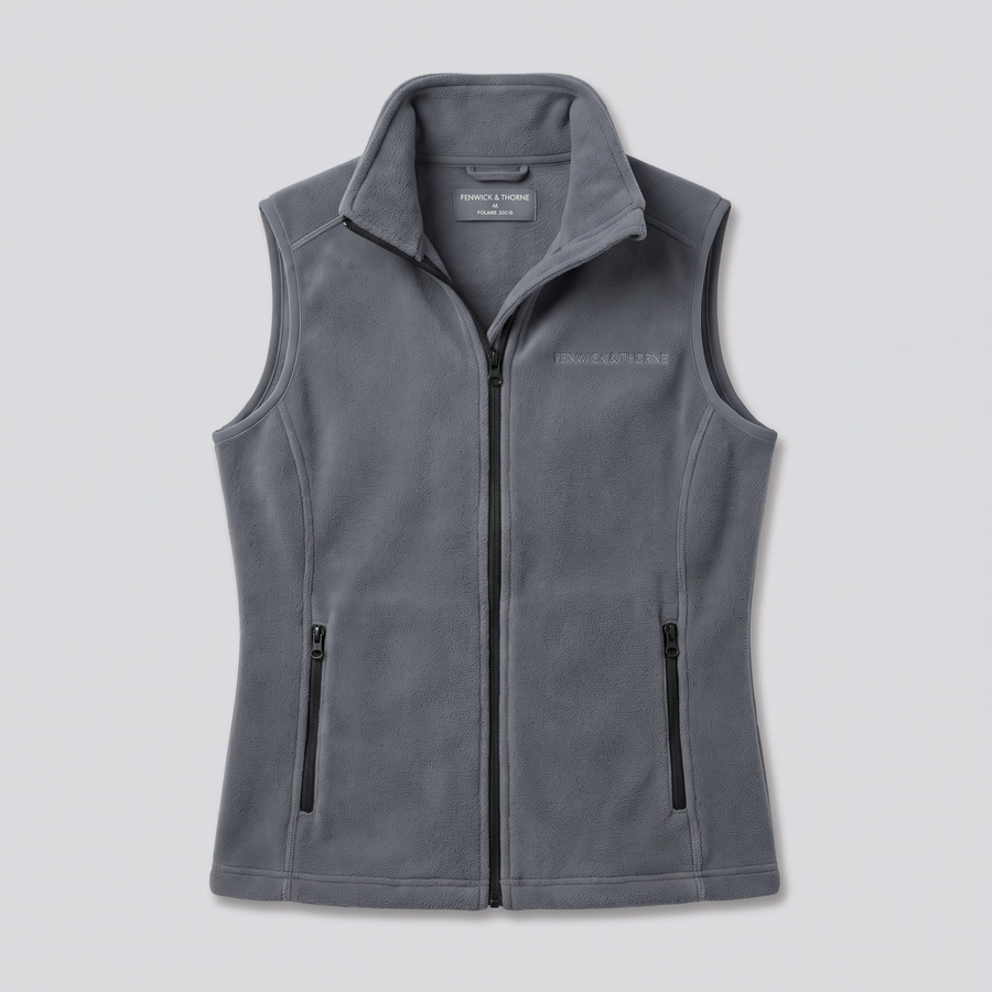 Gilet polaire sans manches, gris acier, vue de face — FENWICK & THORNE
