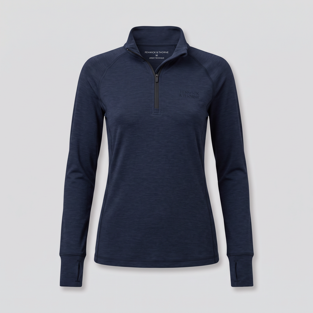 Haut technique zippé, bleu nuit, vue de face — FENWICK & THORNE