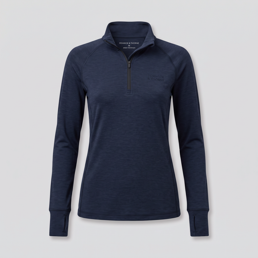 Haut technique zippé, bleu nuit, vue de face — FENWICK & THORNE