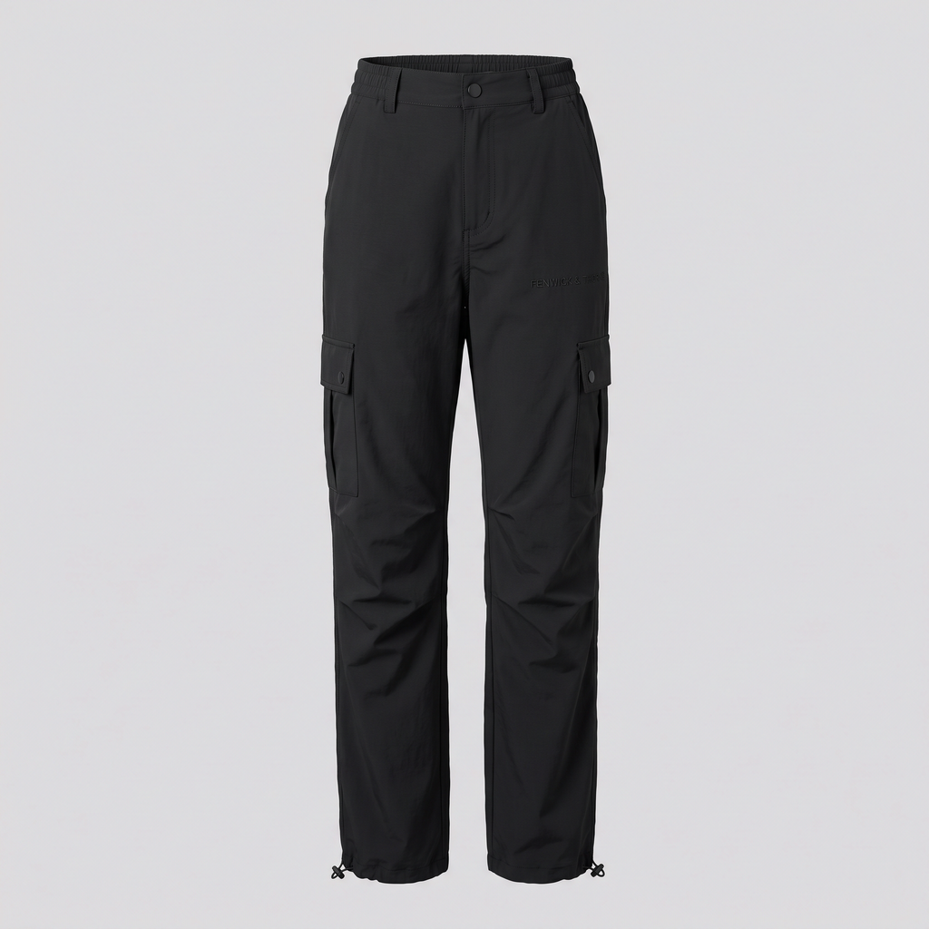 Pantalon cargo léger déperlant, noir, vue de face — FENWICK & THORNE