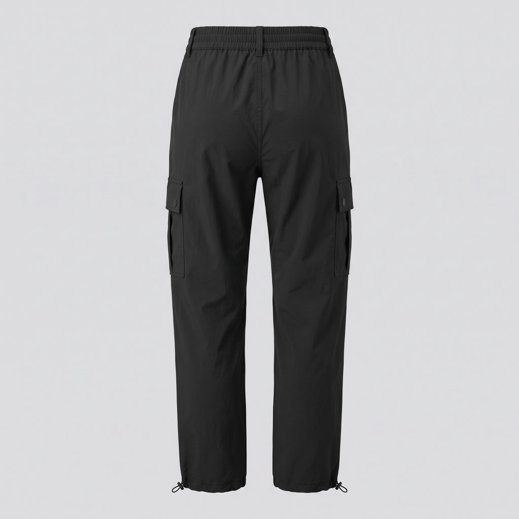 Pantalon cargo léger déperlant, noir, vue de dos — FENWICK & THORNE