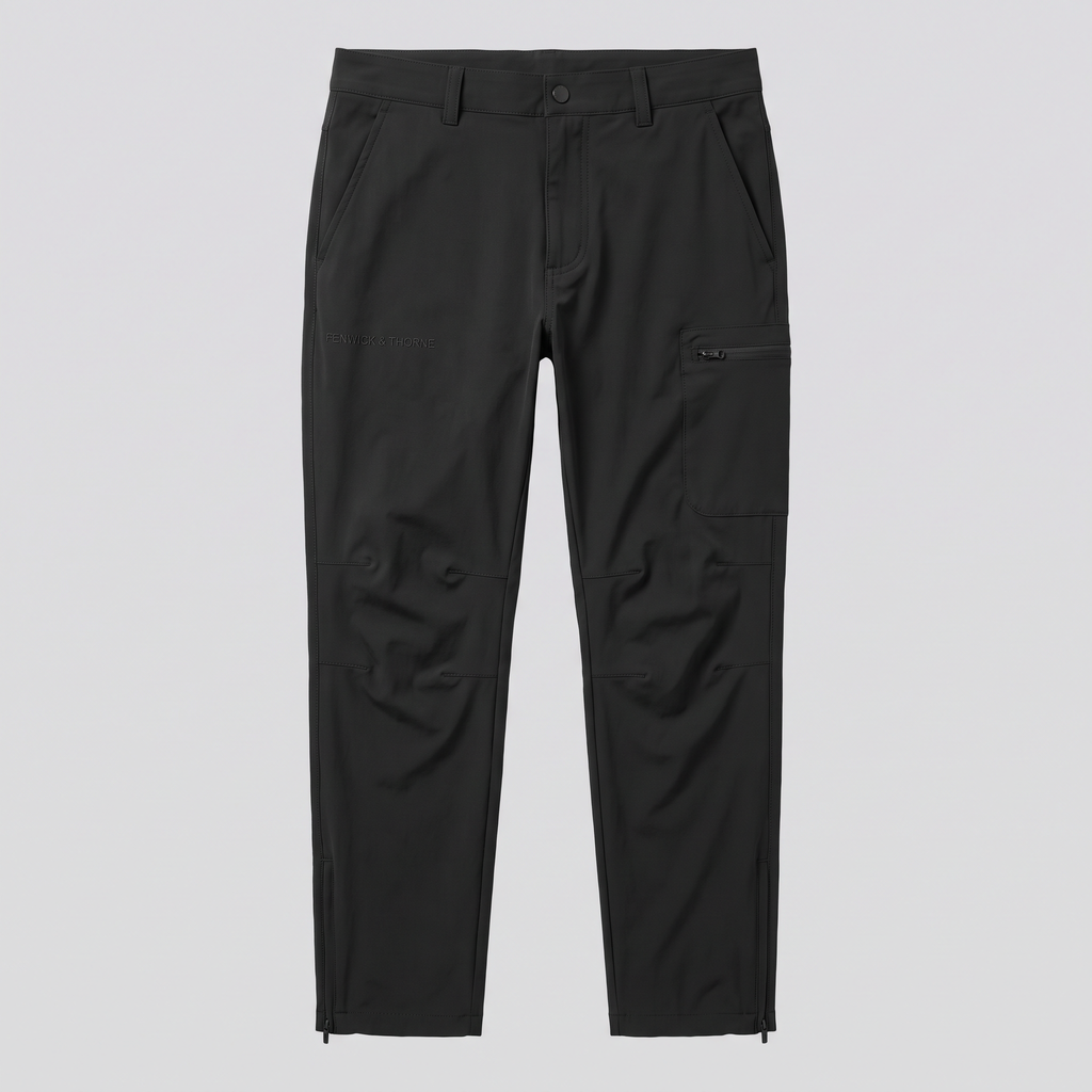 Pantalon technique stretch, noir, vue de face — FENWICK & THORNE