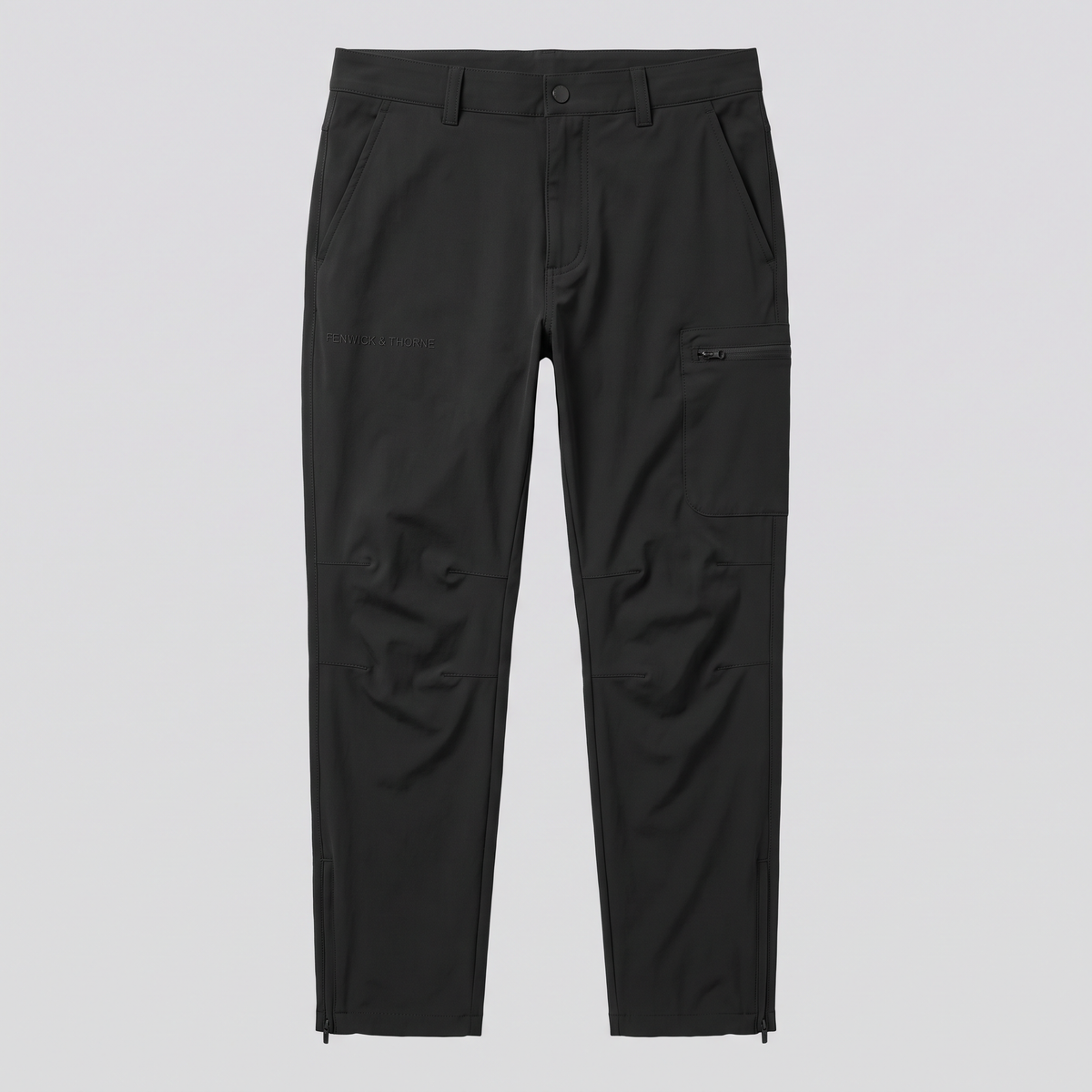 Pantalon technique stretch, noir, vue de face — FENWICK & THORNE