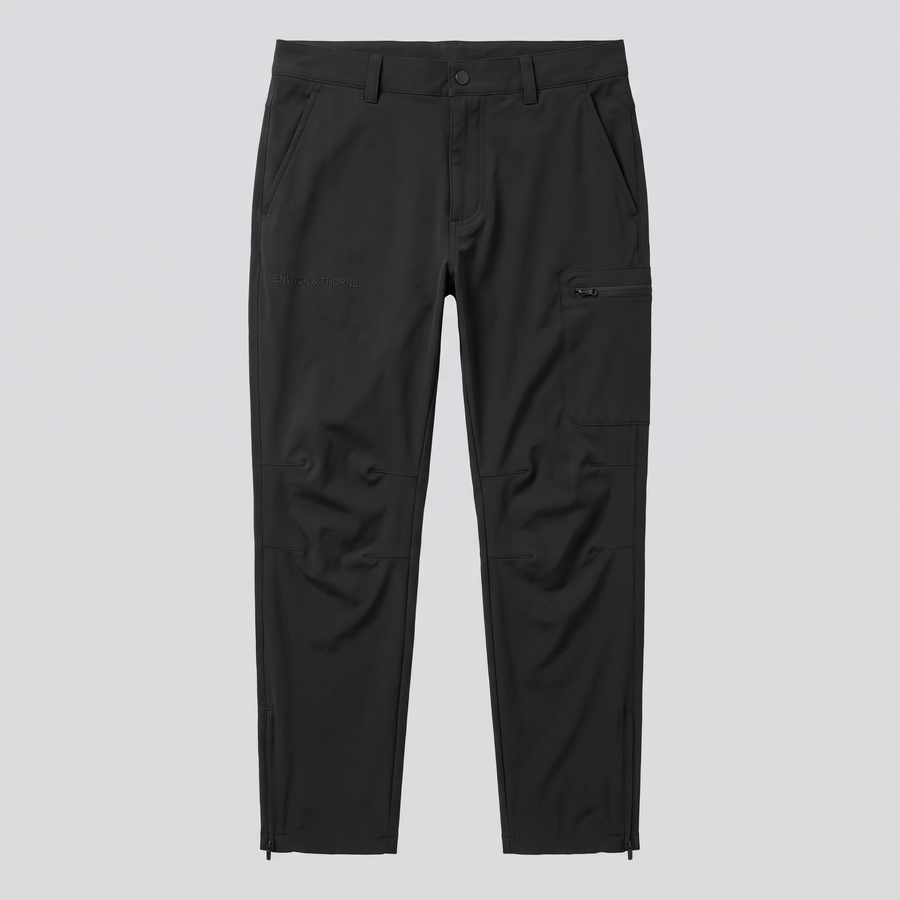 Pantalon technique stretch, noir, vue de face — FENWICK & THORNE
