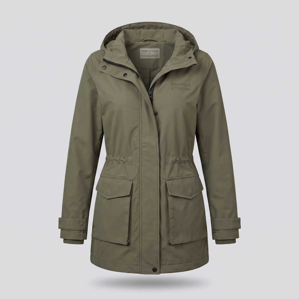Parka légère déperlante, olive fumé, vue de face — FENWICK & THORNE