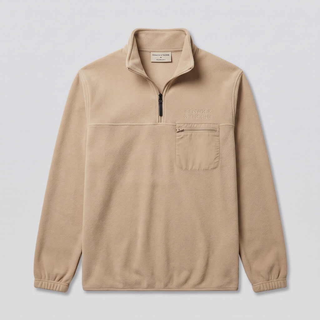 Polaire demi-zip col montant, sable, vue de face — FENWICK & THORNE