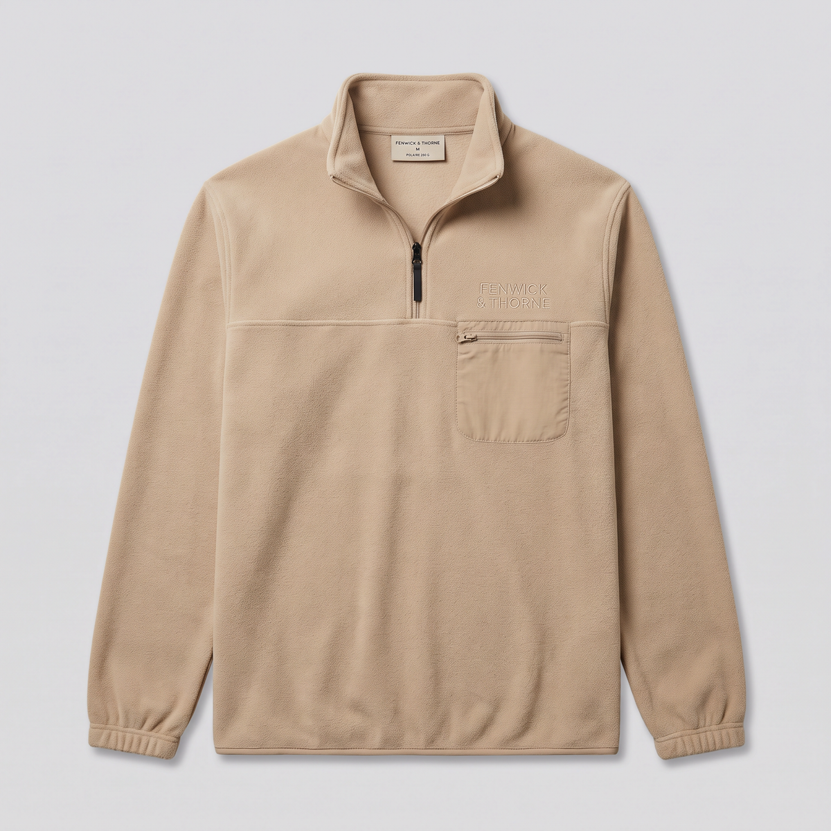 Polaire demi-zip col montant, sable, vue de face — FENWICK & THORNE