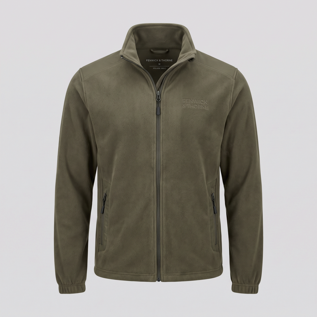 Polaire zippée épaisse, olive fumé, vue de face — FENWICK & THORNE