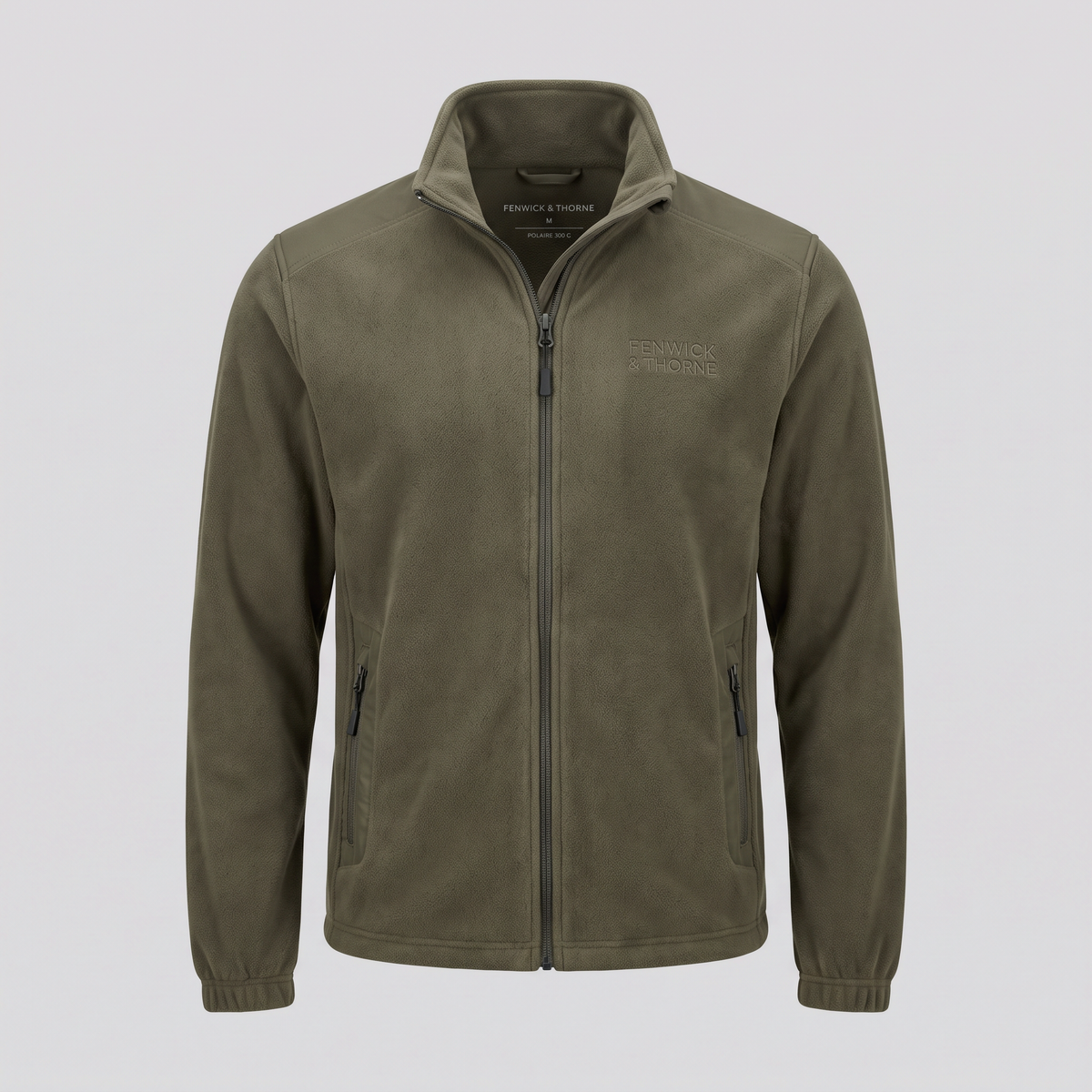 Polaire zippée épaisse, olive fumé, vue de face — FENWICK & THORNE